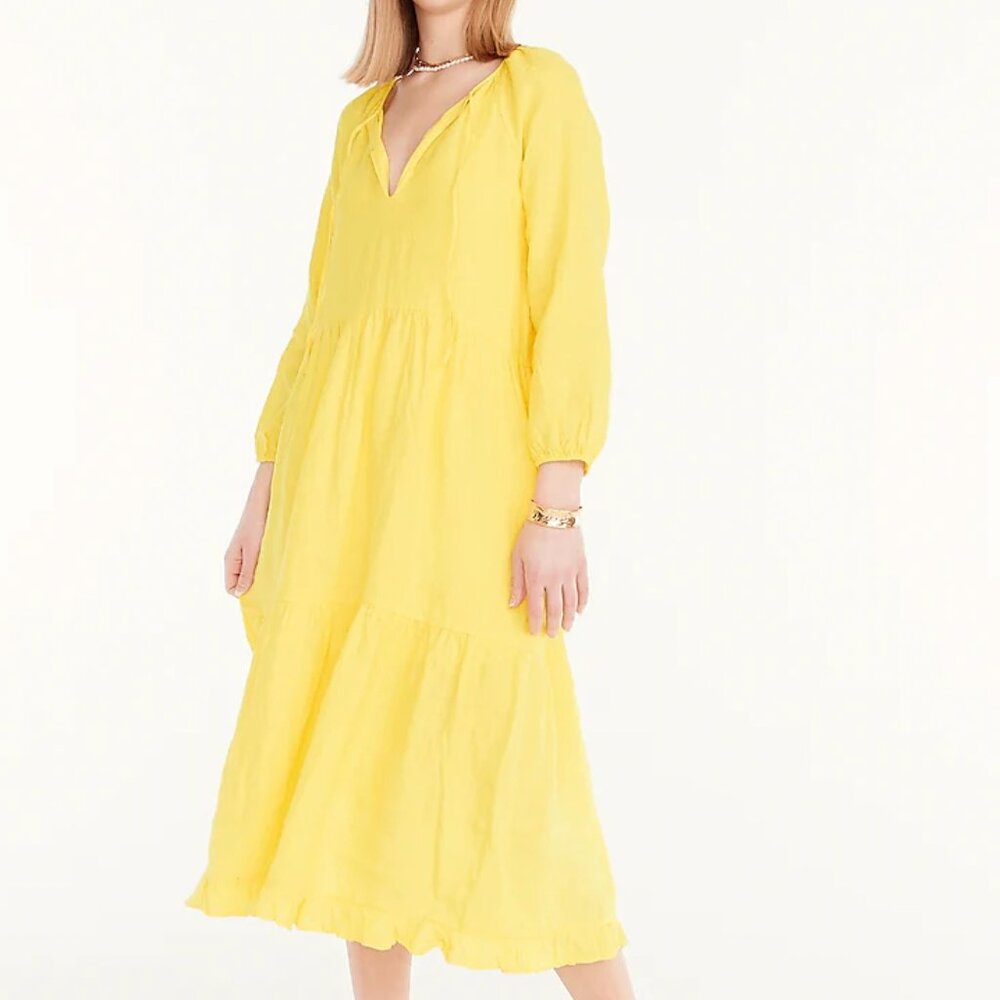 J. Crew Long-sleeve tiered dress in linen Lemon Yellow NWT Sz Sm/M